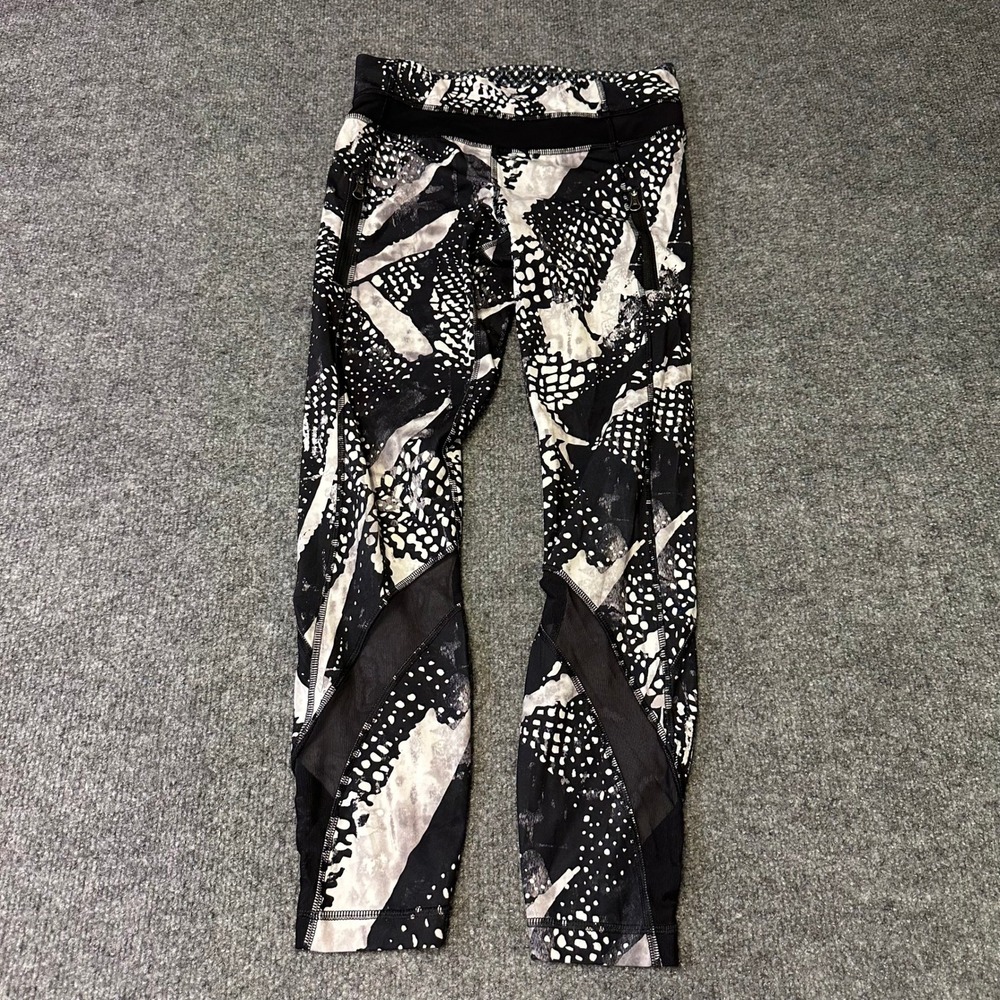 Lululemon Leggings Womens Size 4 Black White Abstract Mesh Panel Zipper Pockets